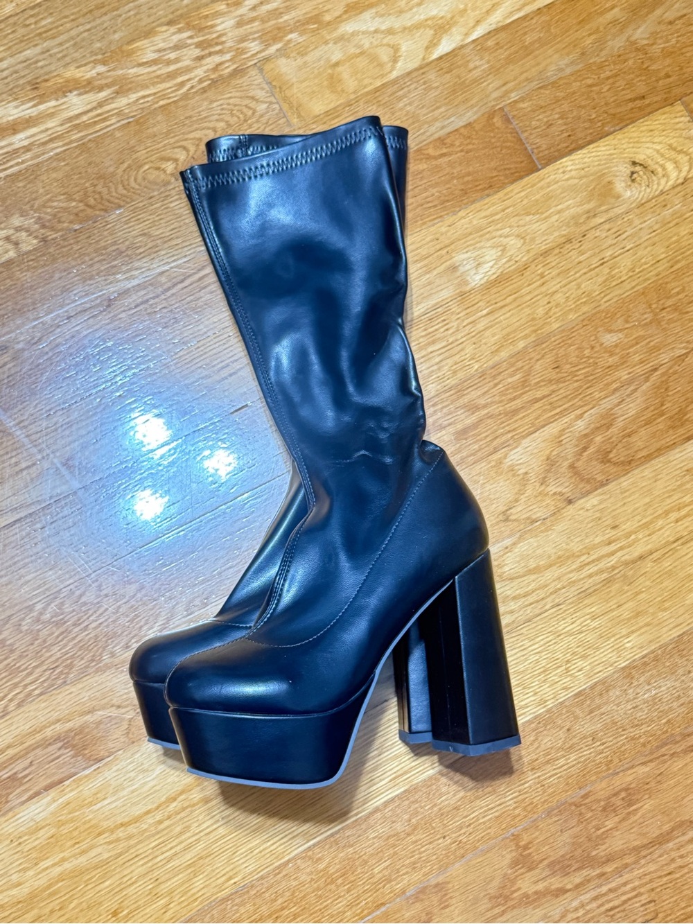 Black Platform Block Heel Knee Boot - 70s Inspired
